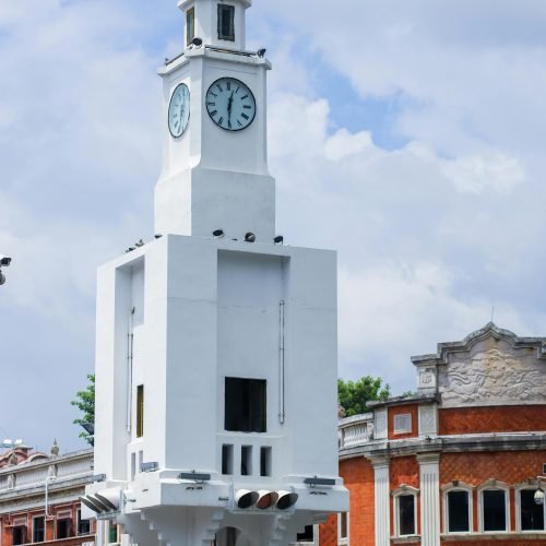 Low-angle shot of the Birch Memorial Clock Tower, a historical landmark in Ipoh, Malaysia.